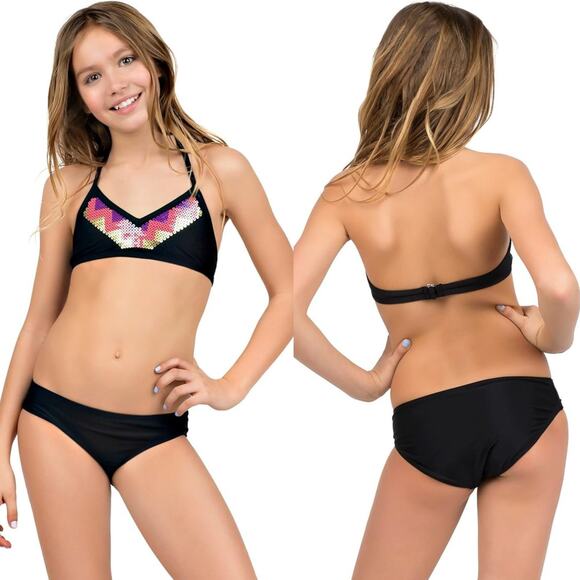 Cleobella Girls XL Black Sequined Halter Bikini Swimsuit Set Beaded UPF 50 NWT